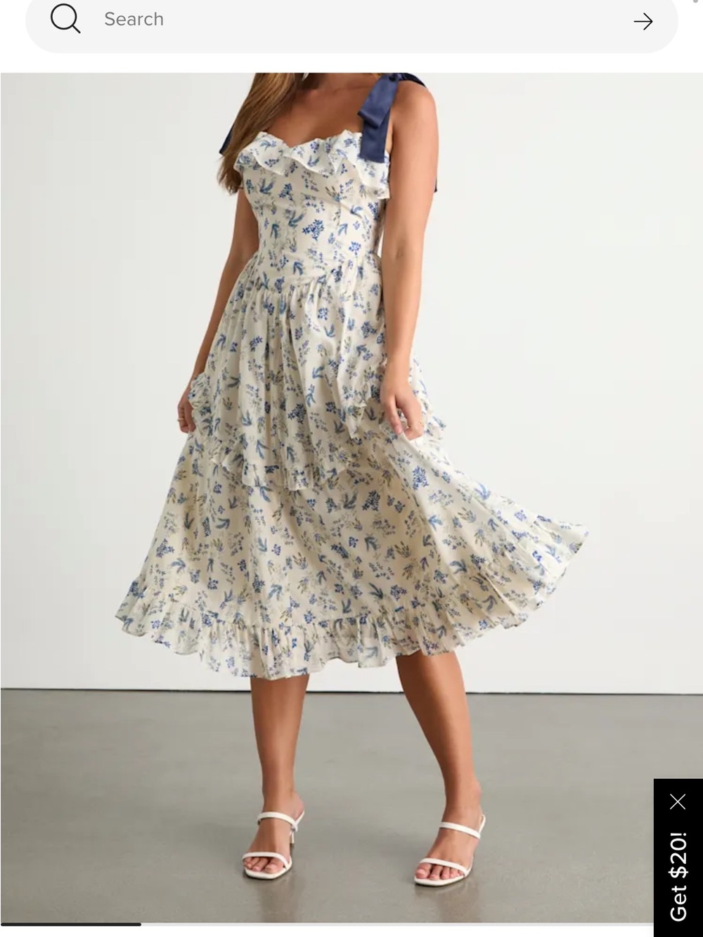 Lulu's Cream Midi Dress with Blue Floral Print and Navy Tie Straps